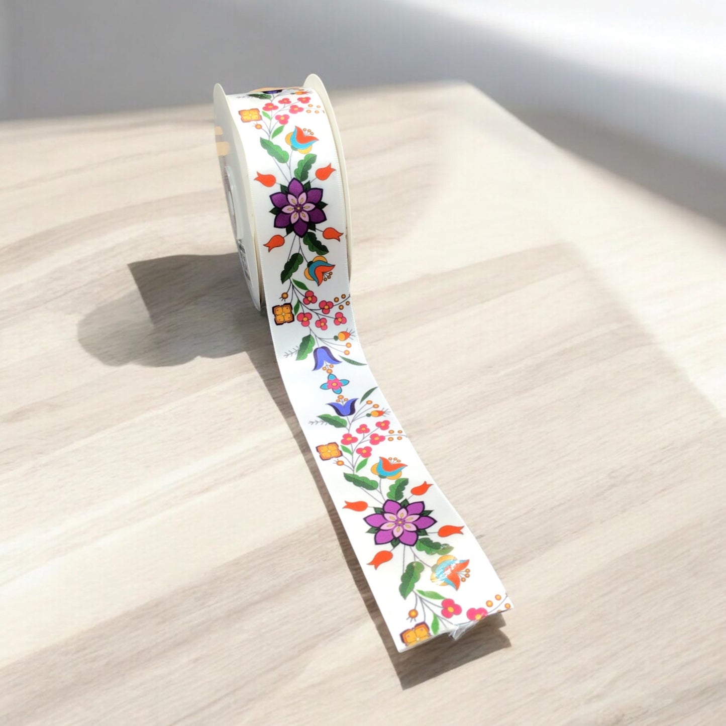 White Double Face Floral Ribbon Roll