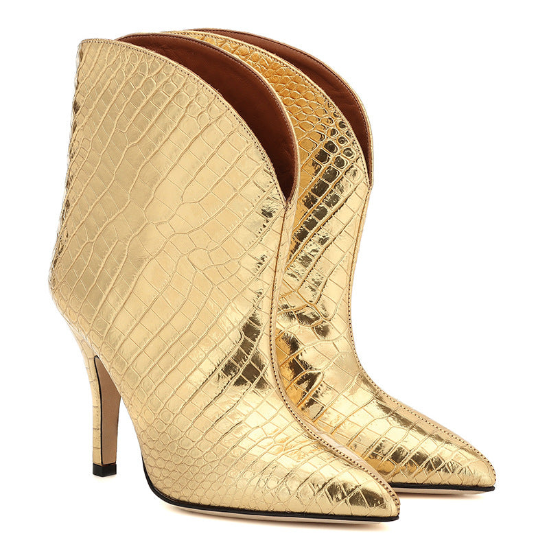 Women's Patent Leather Stiletto Ankle Boots – Pointed Toe Stone Pattern Fashion Boots
