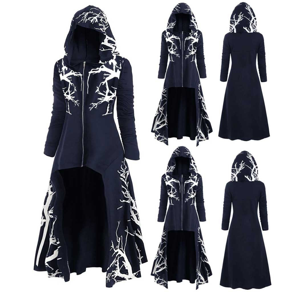 Gothic Halloween Cape Jacket for Women – Printed Long Sleeve Zip-Up Costume Coat