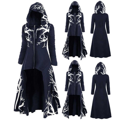 Gothic Halloween Cape Jacket for Women – Printed Long Sleeve Zip-Up Costume Coat