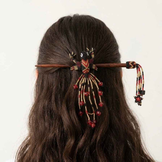 Red & Black Hummingbird Beaded Hair Stick