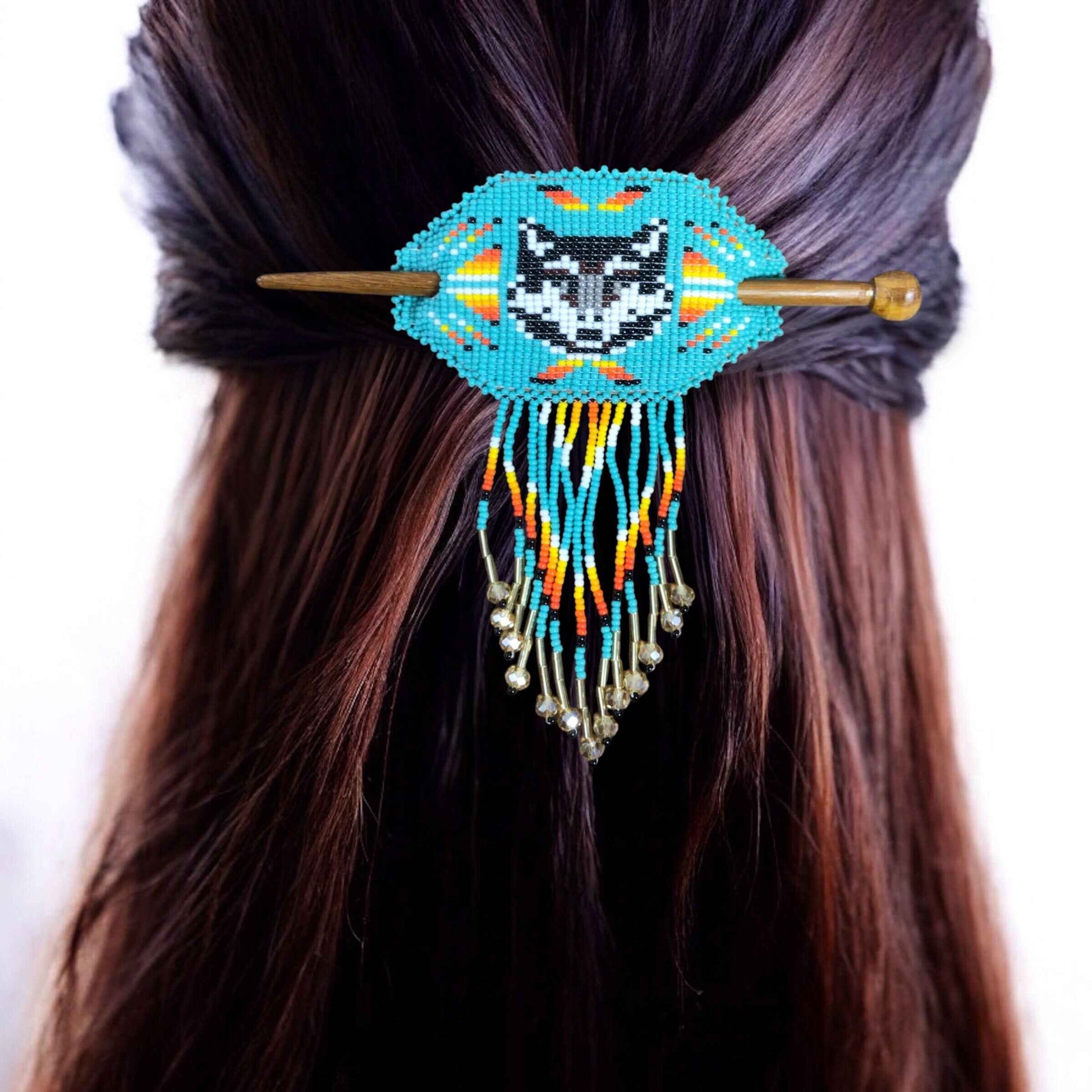 Wolf Fringed Beaded Barrette & Wooden Stick