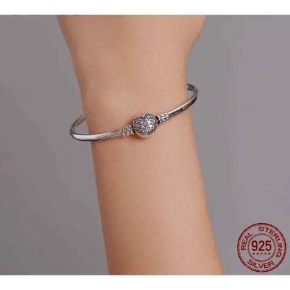 Sterling Silver Snake Chain Bangle Bracelet with CZ Pavé