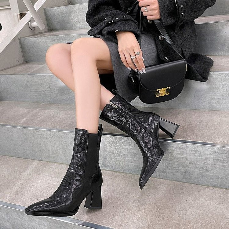 Women's Square Toe Chunky Heel Ankle Boots – European Style PU Fashion Boots
