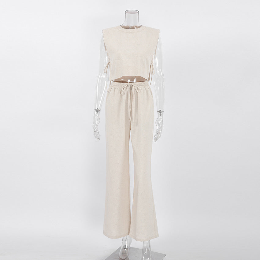 Women's Cotton Linen Two Piece Set – Sleeveless Blouse and Wide Leg Trousers Outfit