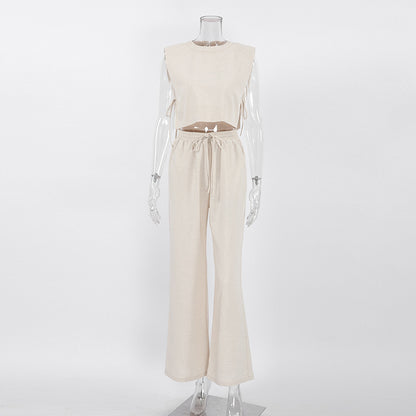 Women's Cotton Linen Two Piece Set – Sleeveless Blouse and Wide Leg Trousers Outfit