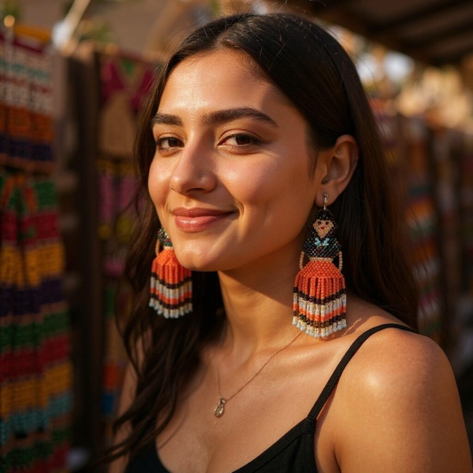 Orange Blue Beaded Ribbon Skirt Dancer Earrings