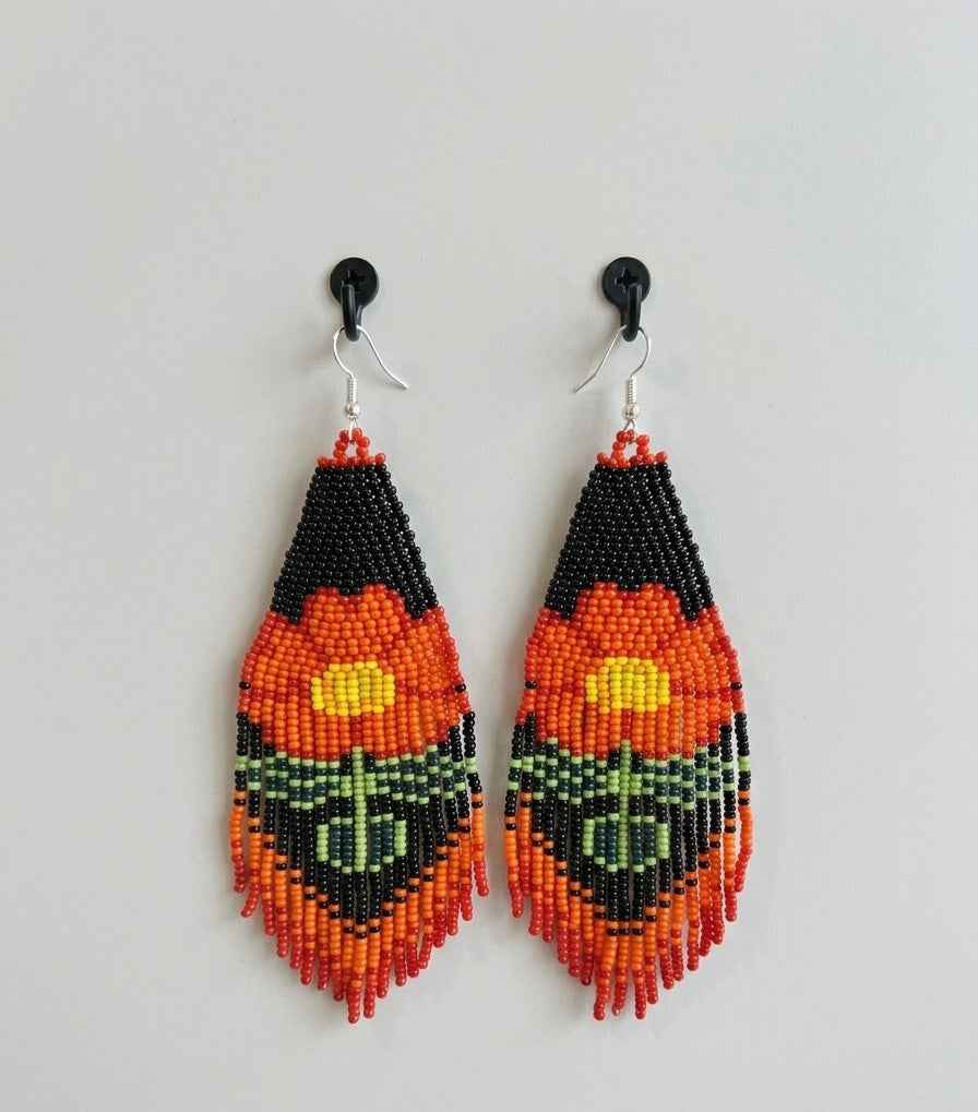 Flower Beaded Earrings ( Orange )