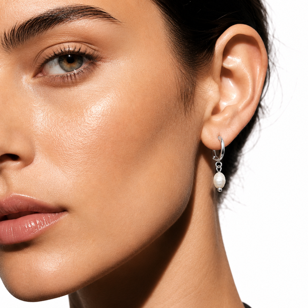 ALEX Silver (White Gold): Mini Hoop Earrings with Natural Freshwater Pearl Charm – Elegance in Every Detail