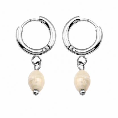 ALEX Silver (White Gold): Mini Hoop Earrings with Natural Freshwater Pearl Charm – Elegance in Every Detail