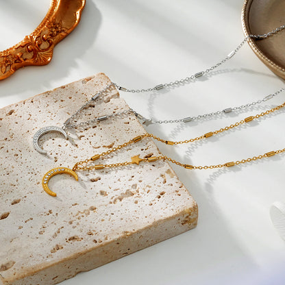 ALMERIA Silver (White Gold): Celestial Magic - Zirconia Embedded Crescent Moon and Star Necklace
