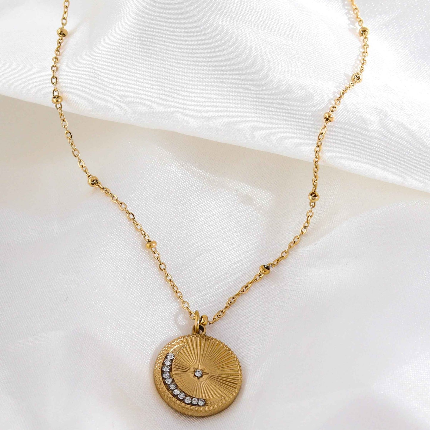 AMASA: Beaded Chain with Star & Pavé Crescent Moon Zirconia Charm - Gold