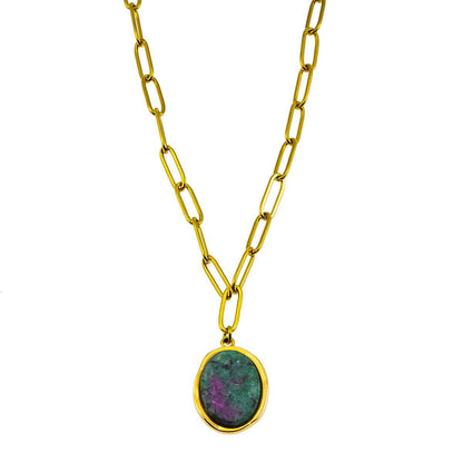 ASAMI: Contemporary Paperclip Chain anchoring a Ruby Zoisite Oval Pendant