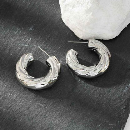 BEAUFORT Silver Toned (White Gold): Abstract-Chic Chunky Look Hoop Earrings – Modern Elegance Redefined