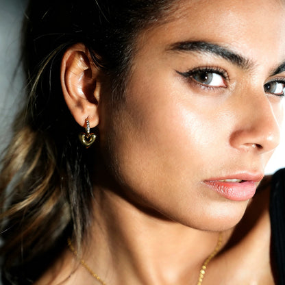BISHAARA Gold: Zirconia Embedded Heart Charm Hoop Earrings – Forever Love
