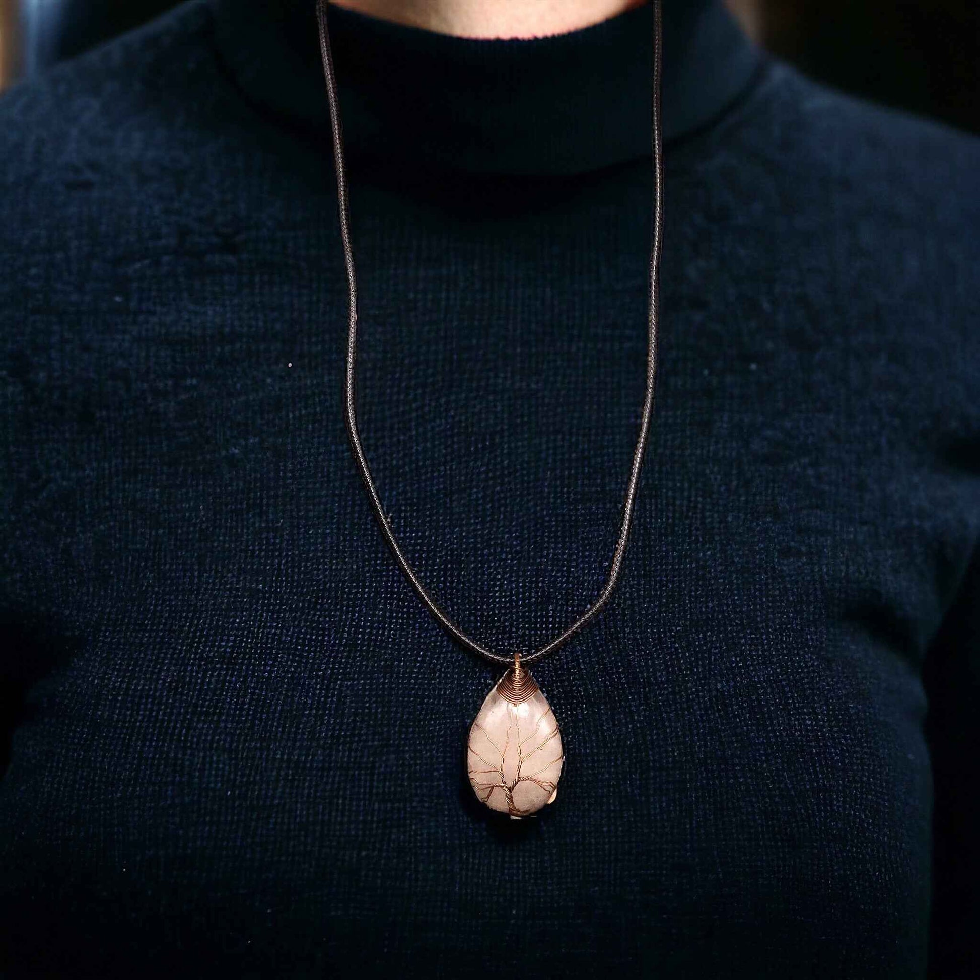 Light pink Gemstone Pendant Wrapped w/  bronze Tree of Life