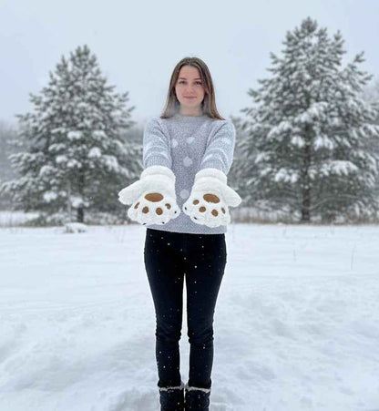 White Soft Plush  Bear Paw Gloves