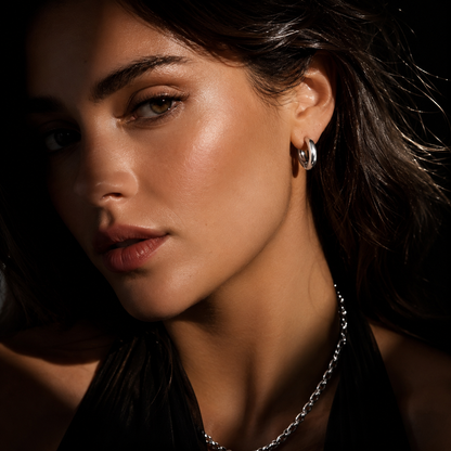 CHOLULA Silver (White Gold): Mid Width Smooth Surface Tube Hoop Earrings