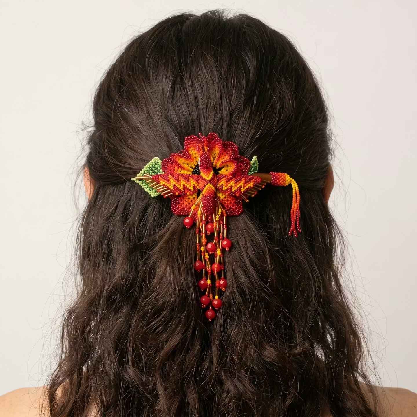 Maple Blossom Hummingbird Beaded Hair Stick Barrette Red