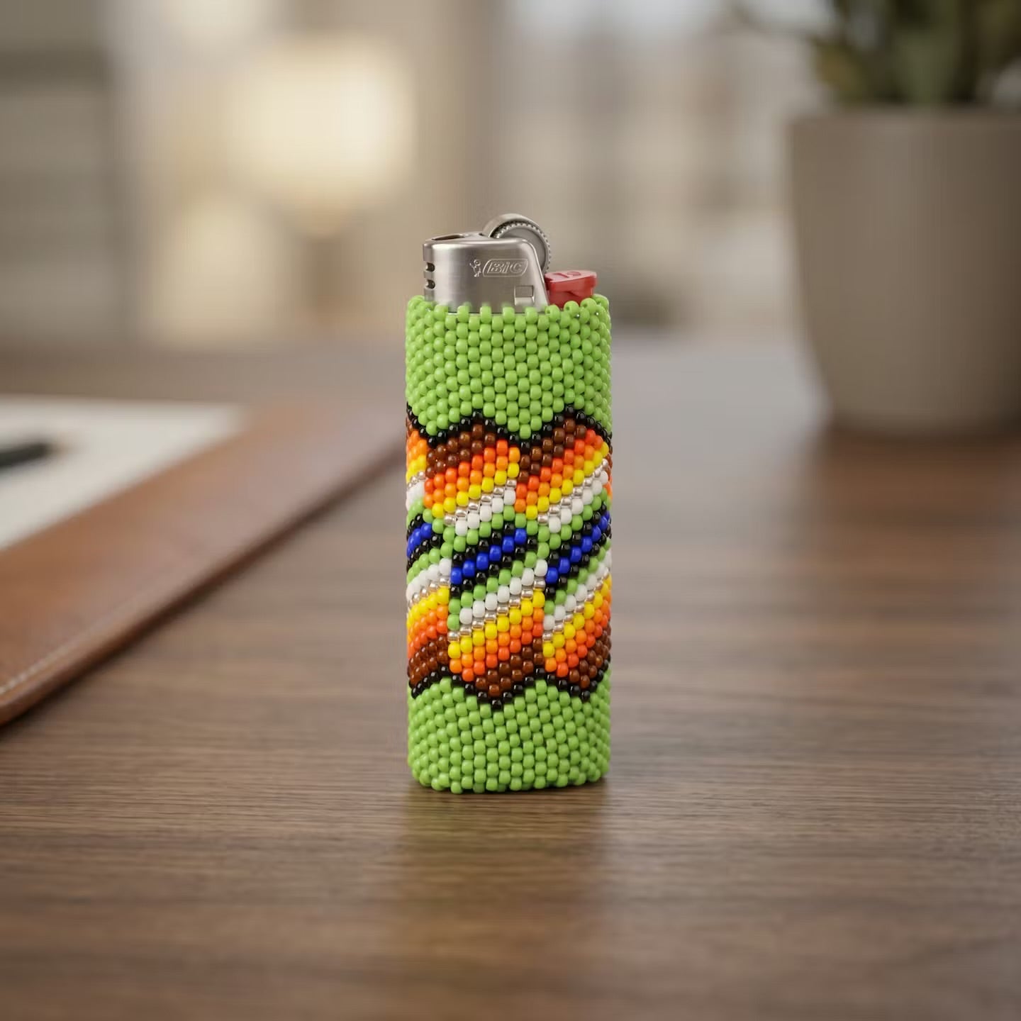 Green and Orange Beaded Lighter Case