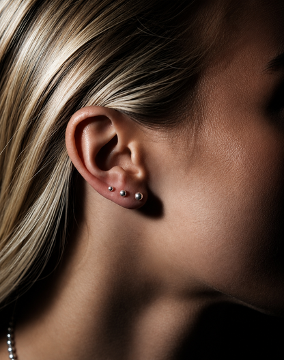 DESTINY Silver (White Gold): Classic 3-Pair Rounded Bead Stud Set