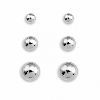 DESTINY Silver (White Gold): Classic 3-Pair Rounded Bead Stud Set