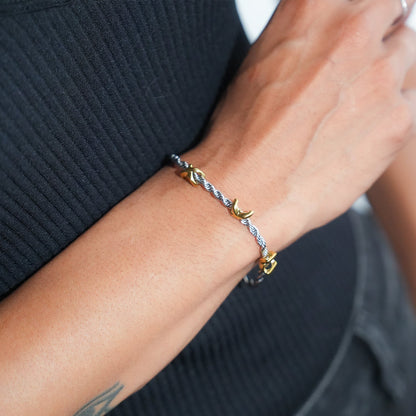 DRAGOSA Mixed Metals: Silver Rope Chain Bracelet with Triple Mini Gold Criss-Cross Charms