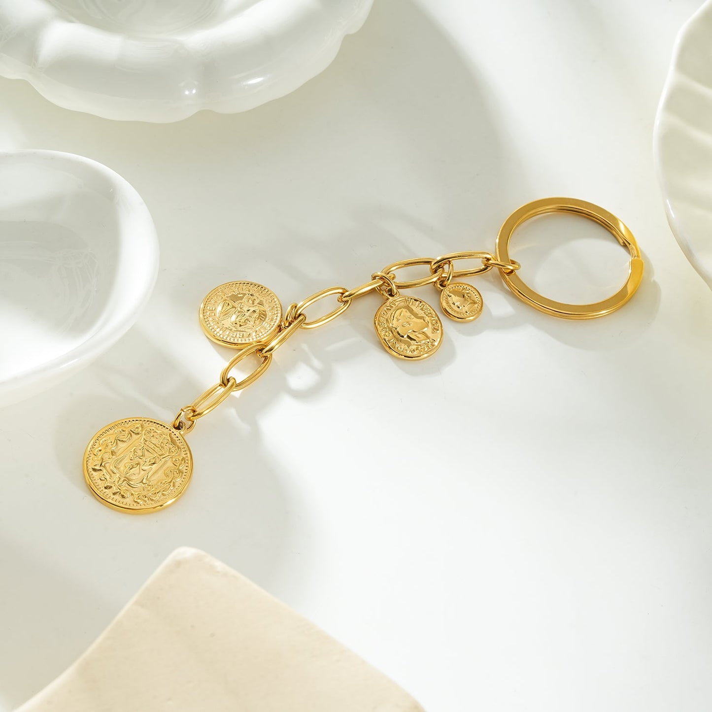 NYRIS Gold: Coin Charms on Paperclip Chain Key Ring