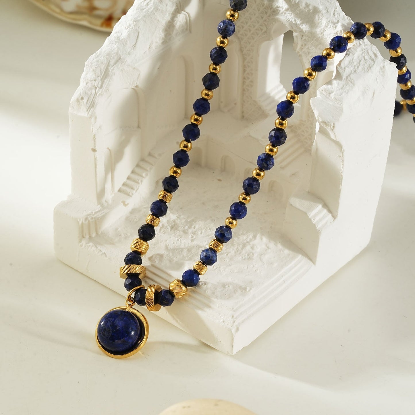 TANISHIA: Natural Lapis Lazuli & Gold Infused Beaded Pendant Necklace
