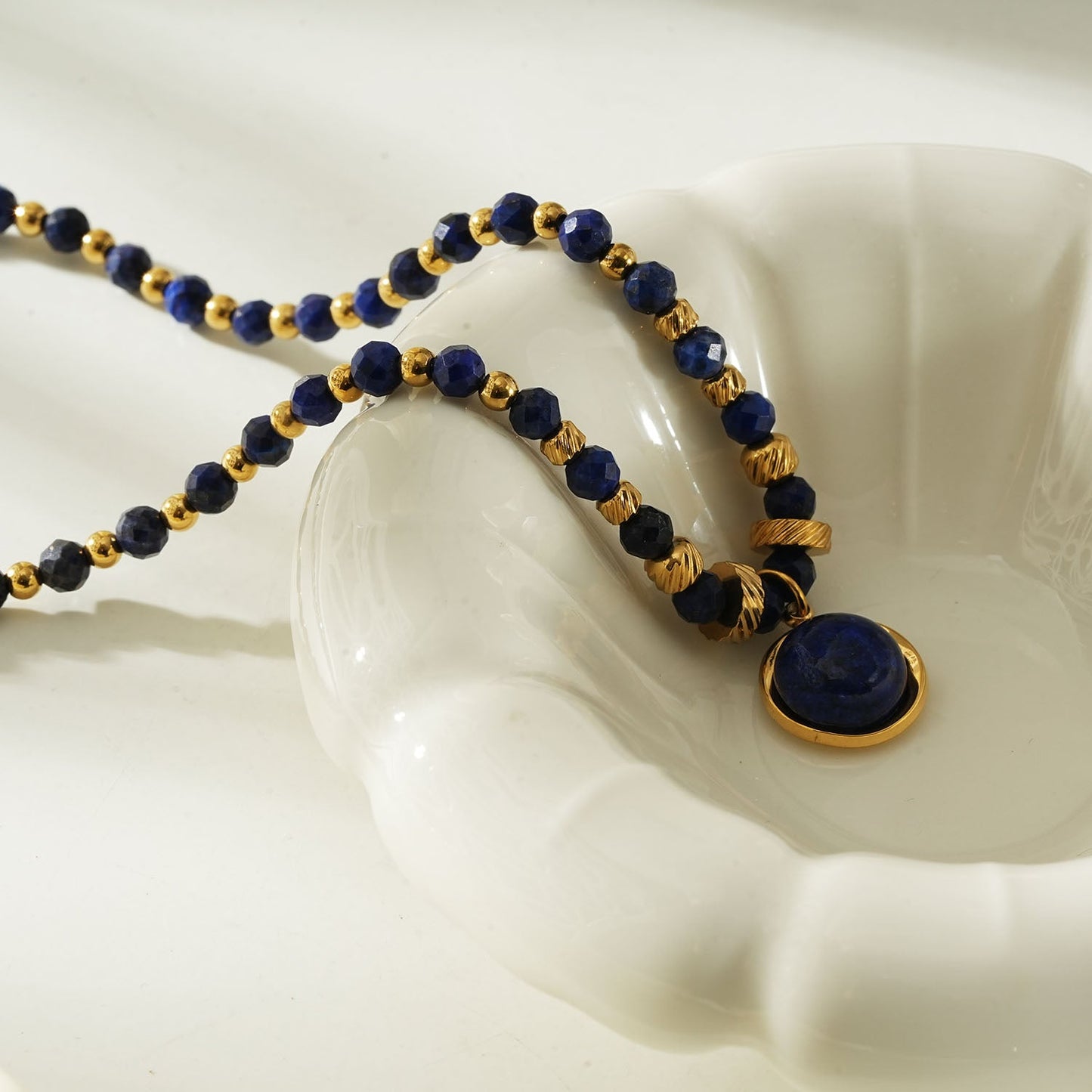 TANISHIA: Natural Lapis Lazuli & Gold Infused Beaded Pendant Necklace