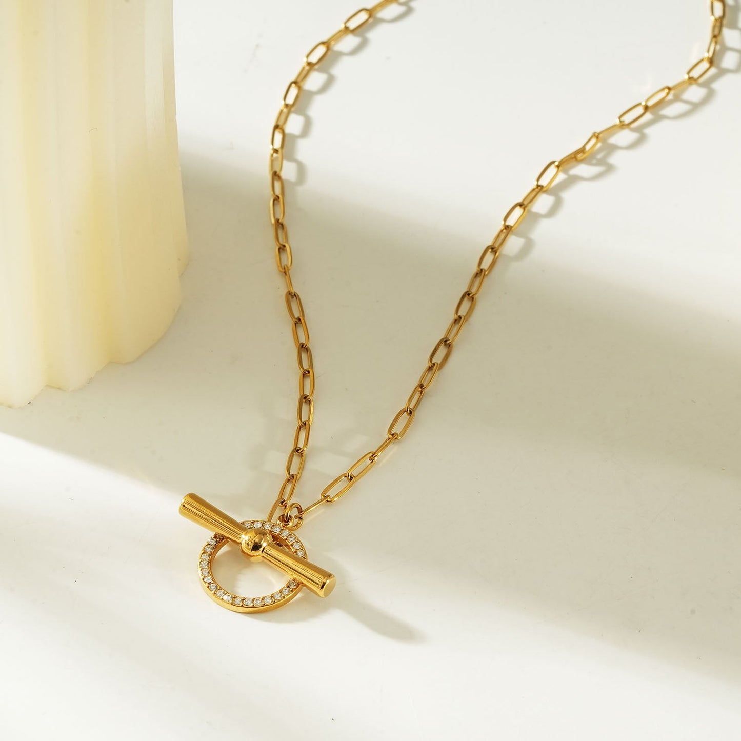 SADIKA Gold: Modern Pavé Zirconia Halo Toggle Necklace