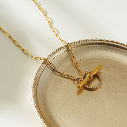 SADIKA Gold: Modern Pavé Zirconia Halo Toggle Necklace
