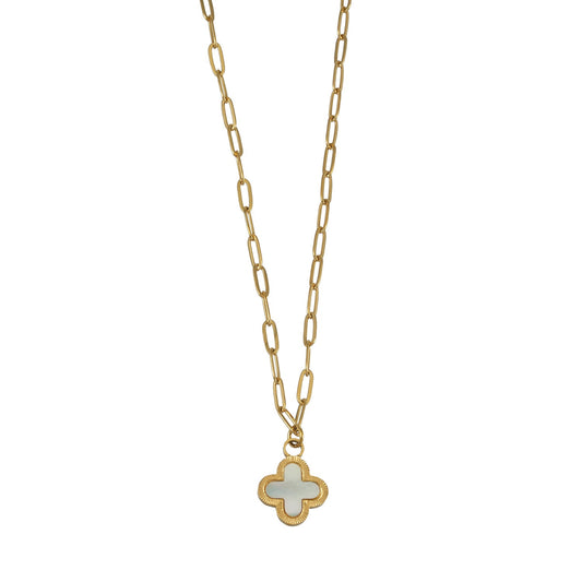 MAKA Gold: Clover Shaped Charm in Natural Shell & Gold Metal Border on a Paperclip Chain