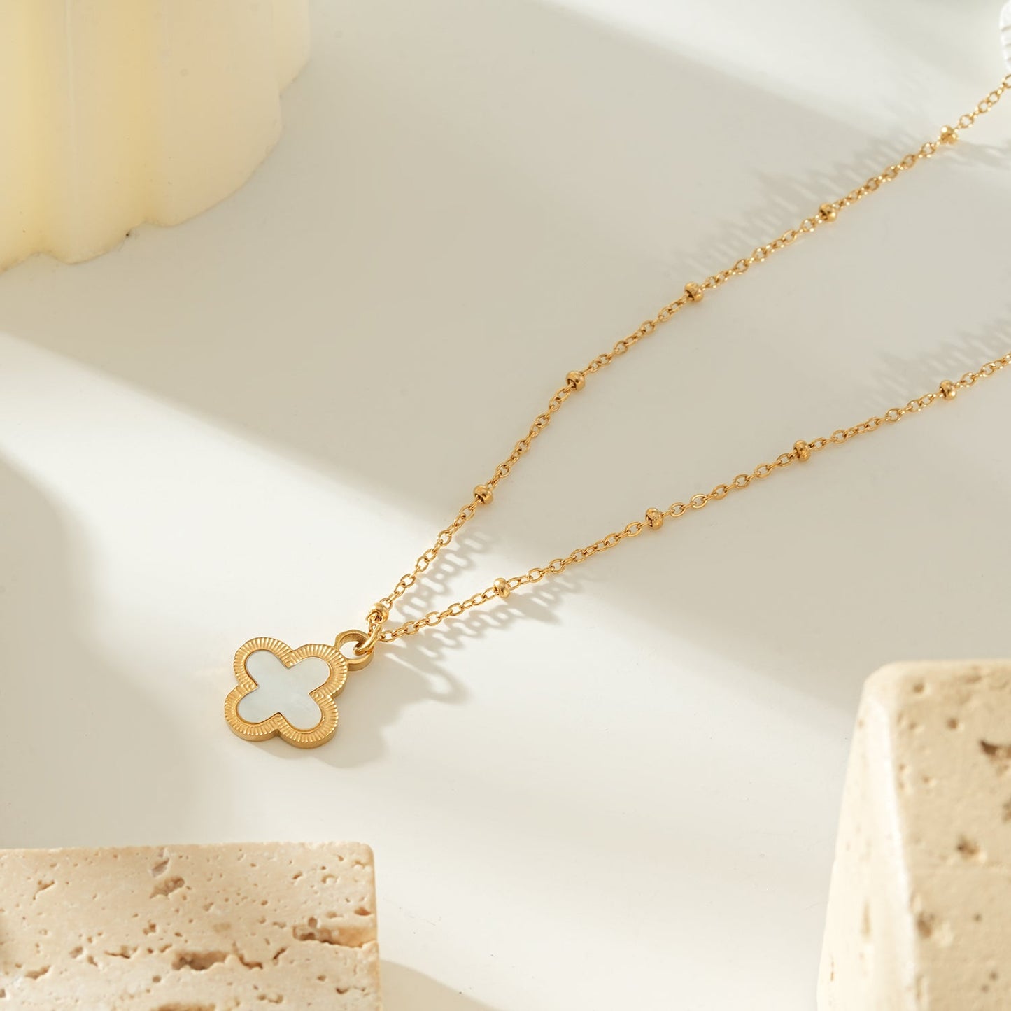 LULLA Gold: Natural Shell Clover Pendant Beaded Chain Necklace