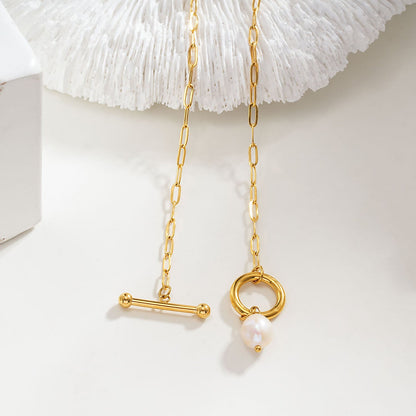 D'ANGELA Gold:  Paperclip Chain Necklace with Toggle Fastener & Pearl Charm