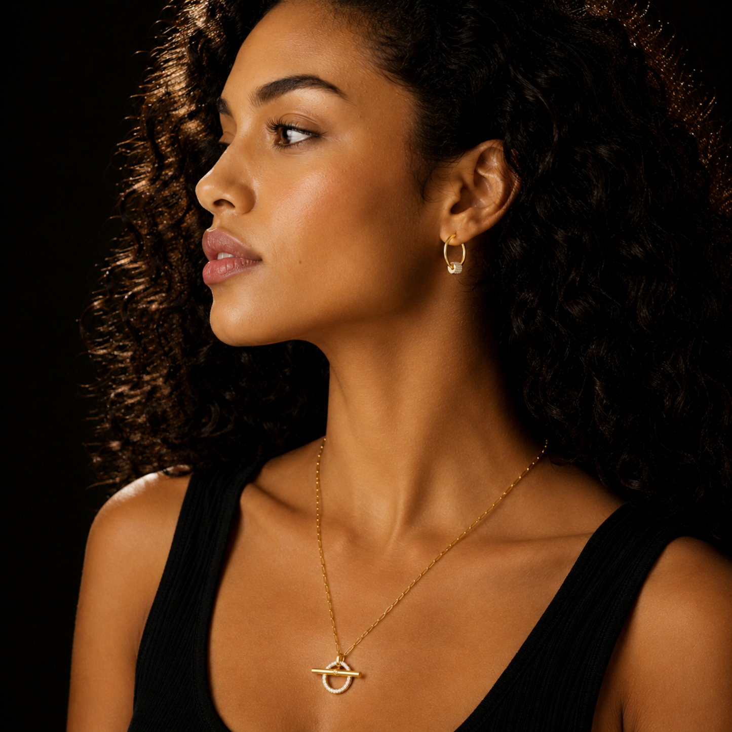SADIKA Gold: Modern Pavé Zirconia Halo Toggle Necklace