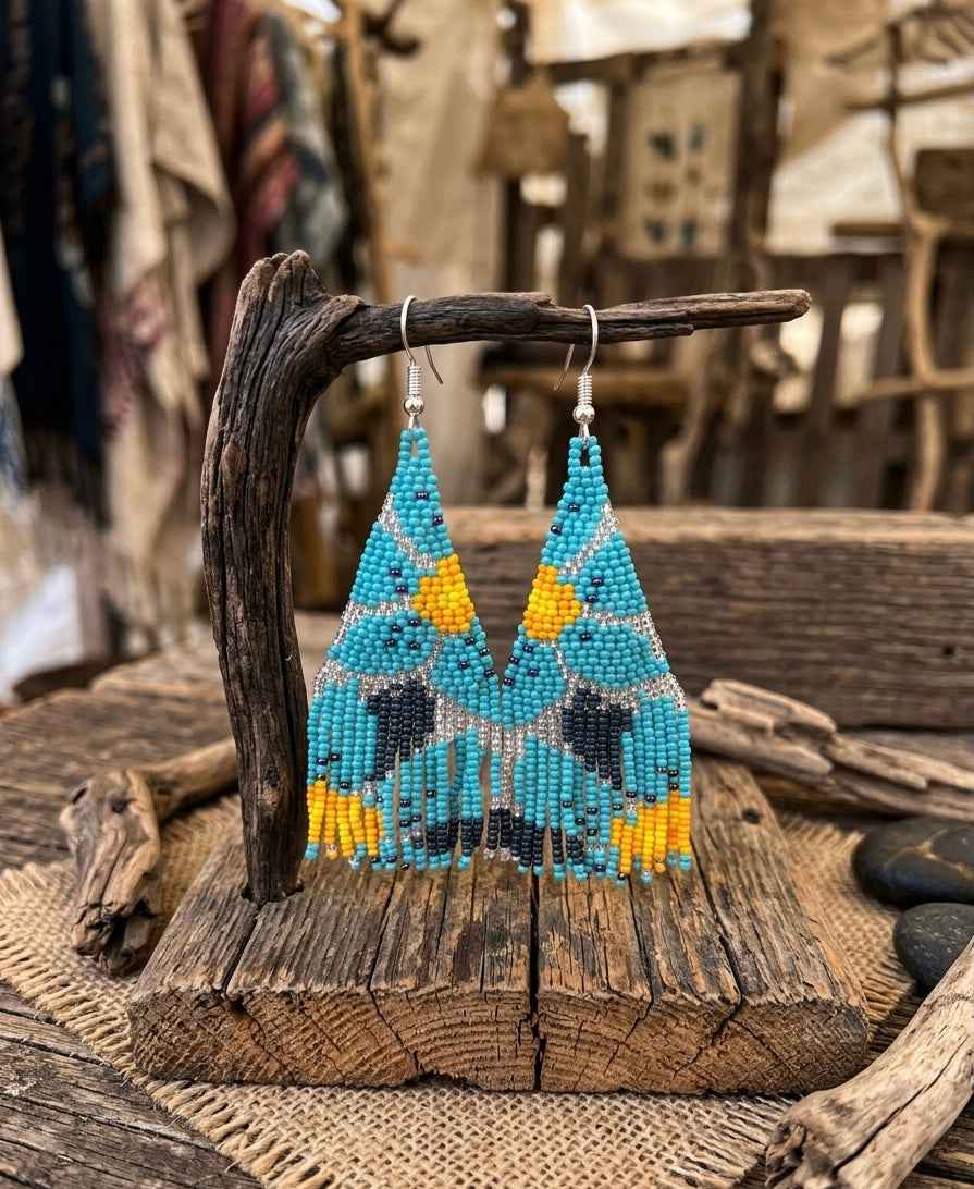 Flower Fringe Beaded Earrings (Turquoise)
