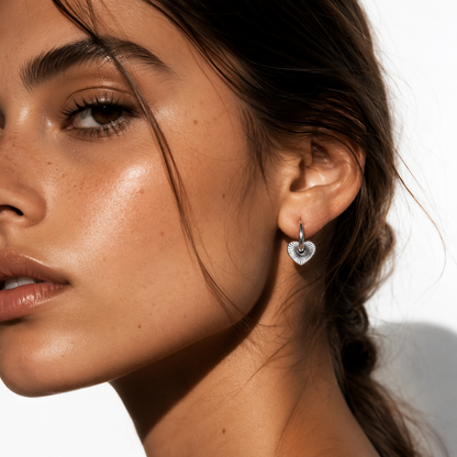 ENDEAR Silver (White Gold): Romantic Heart Charm Hoop Earrings – A Symbol of Everlasting Love.