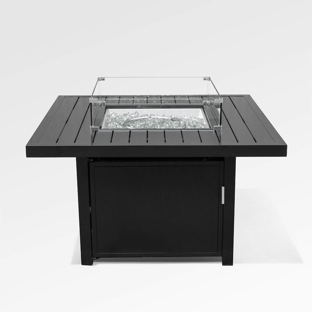 Outdoor Black Aluminum Square Fire Pit Table with Wind Guard & Cover