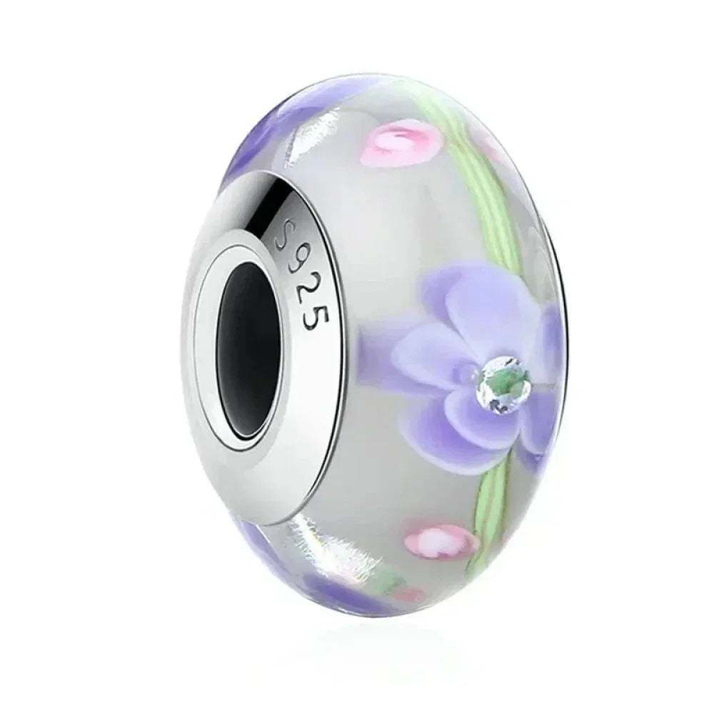 925 Sterling Silver Pink Flower Murano Glass Beads - Diy Bracelet Charms For A Festive Touch (Scz001)