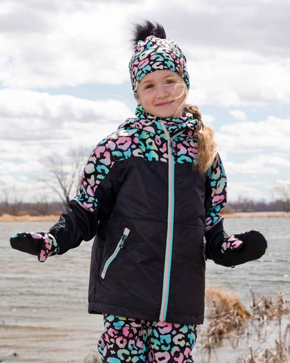 Stretch Jersey Hat Black Animal Print With Pompom
