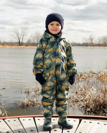 Baby Mid-Season One-Piece Outerwear With Hat Green Dinosaur Print
