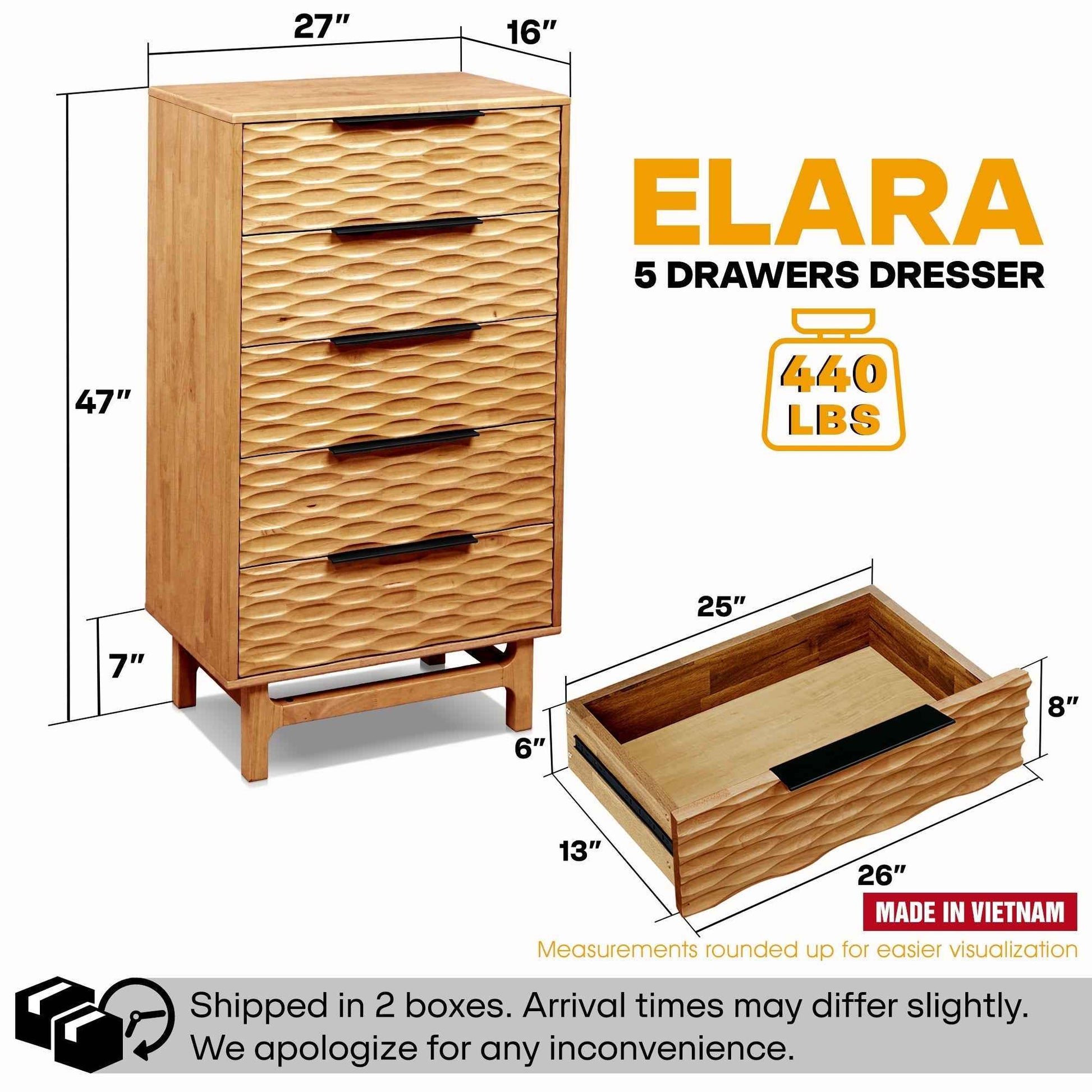 Elara Solid Wood Dresser with 5 Drawers