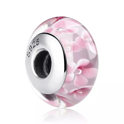 925 Sterling Silver Pink Flower Murano Glass Beads - Diy Bracelet Charms For A Festive Touch (Scz001)