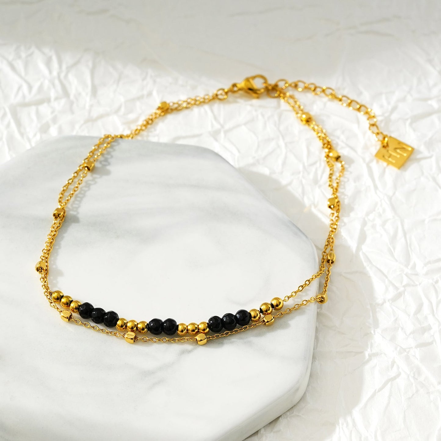 HILDA Gold Necklace: Two-in-One Square Beads & Round Beads in Black & Gold