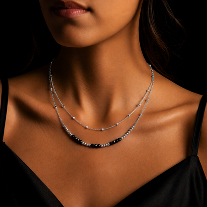 HILDA Silver (White Gold) Necklace: Two-in-One Square Beads & Round Beads in Black & Gold