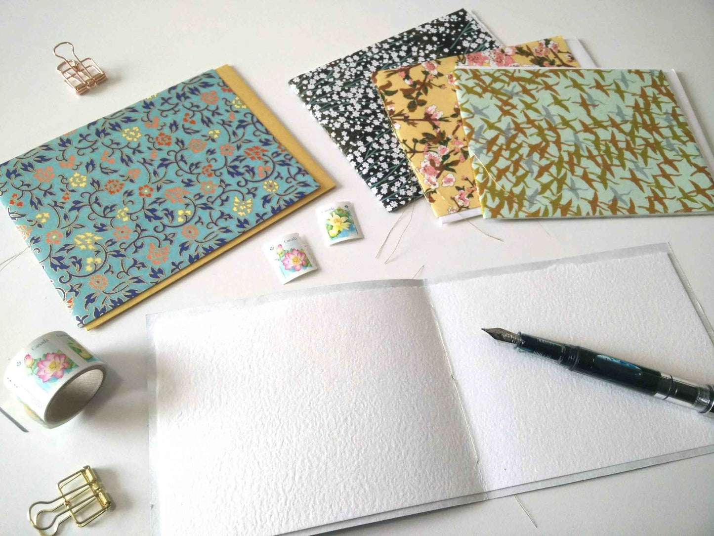 Handsewn Chiyogami Cotton Rag Blank Card | Gold Chrysanthemums