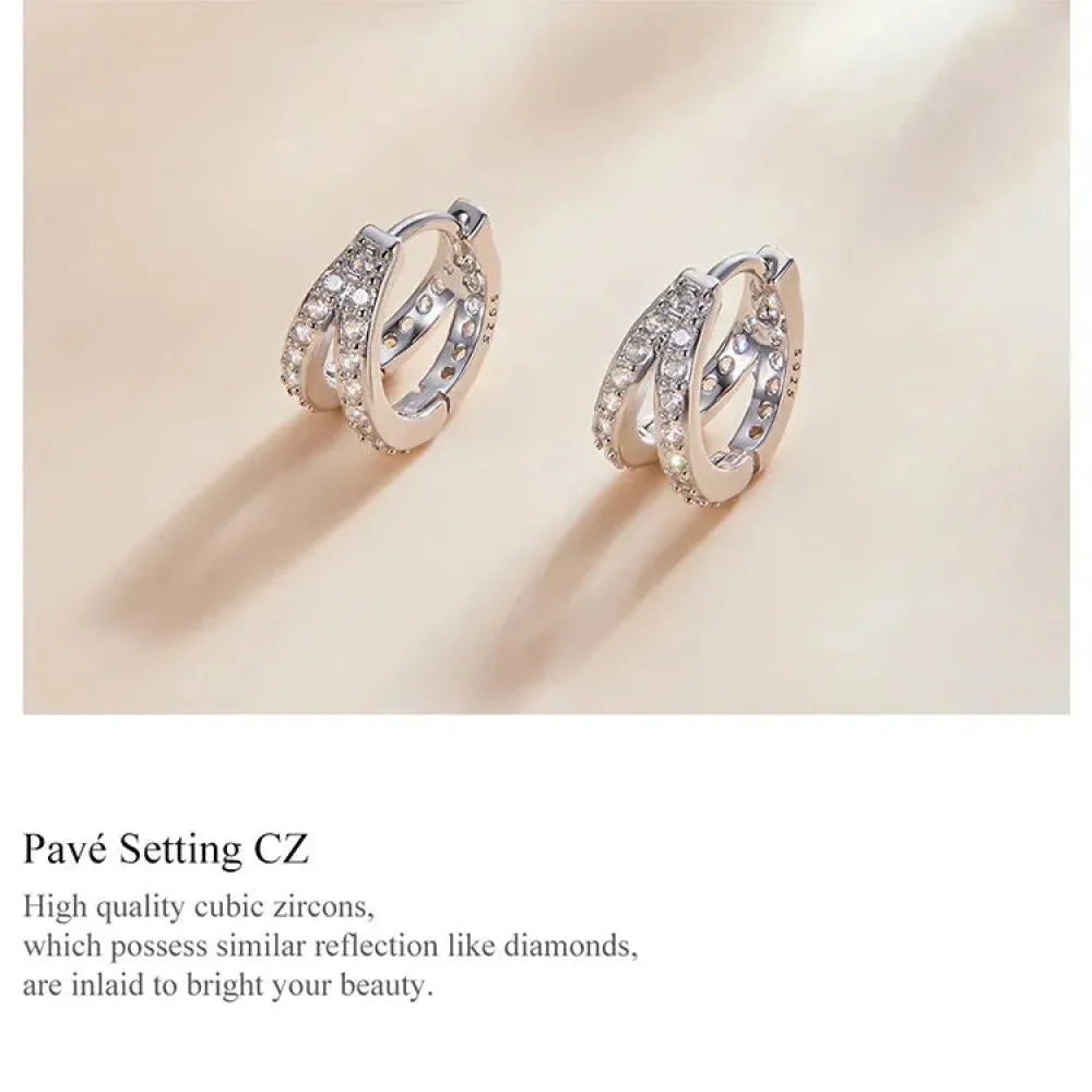 925 Sterling Silver Elegant Geometry Zircon Crystal Double Rings Ear Hoop Earrings