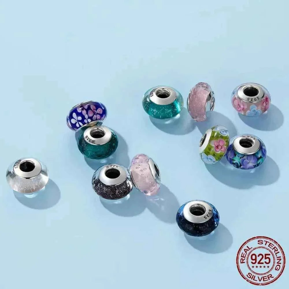925 Sterling Silver Pink Flower Murano Glass Beads - Diy Bracelet Charms For A Festive Touch (Scz001)
