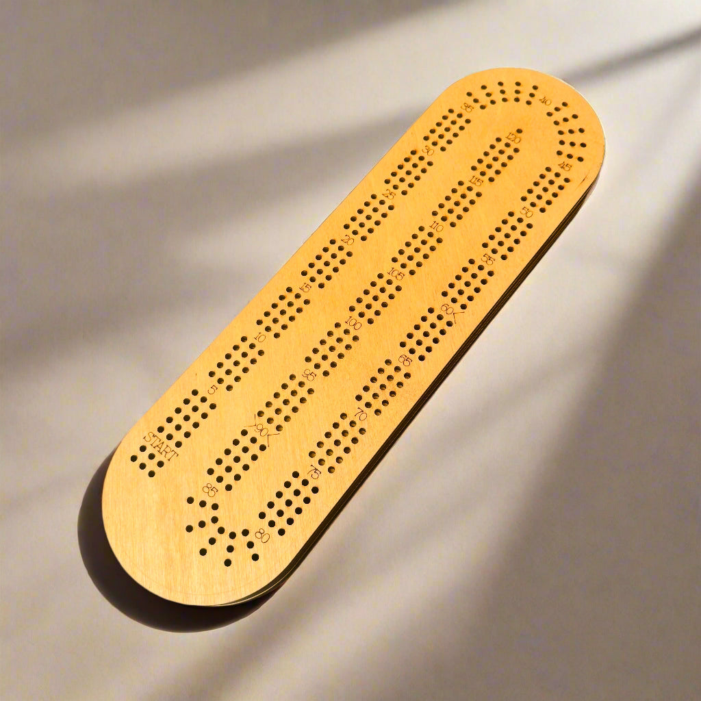 Oblong Cribbage Board with Removable Lid – 3 Player with Scoring Panel (15” x 4”)